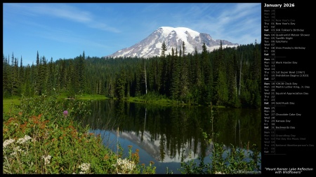 Mount Rainier Lake Reflection with Wildflowers